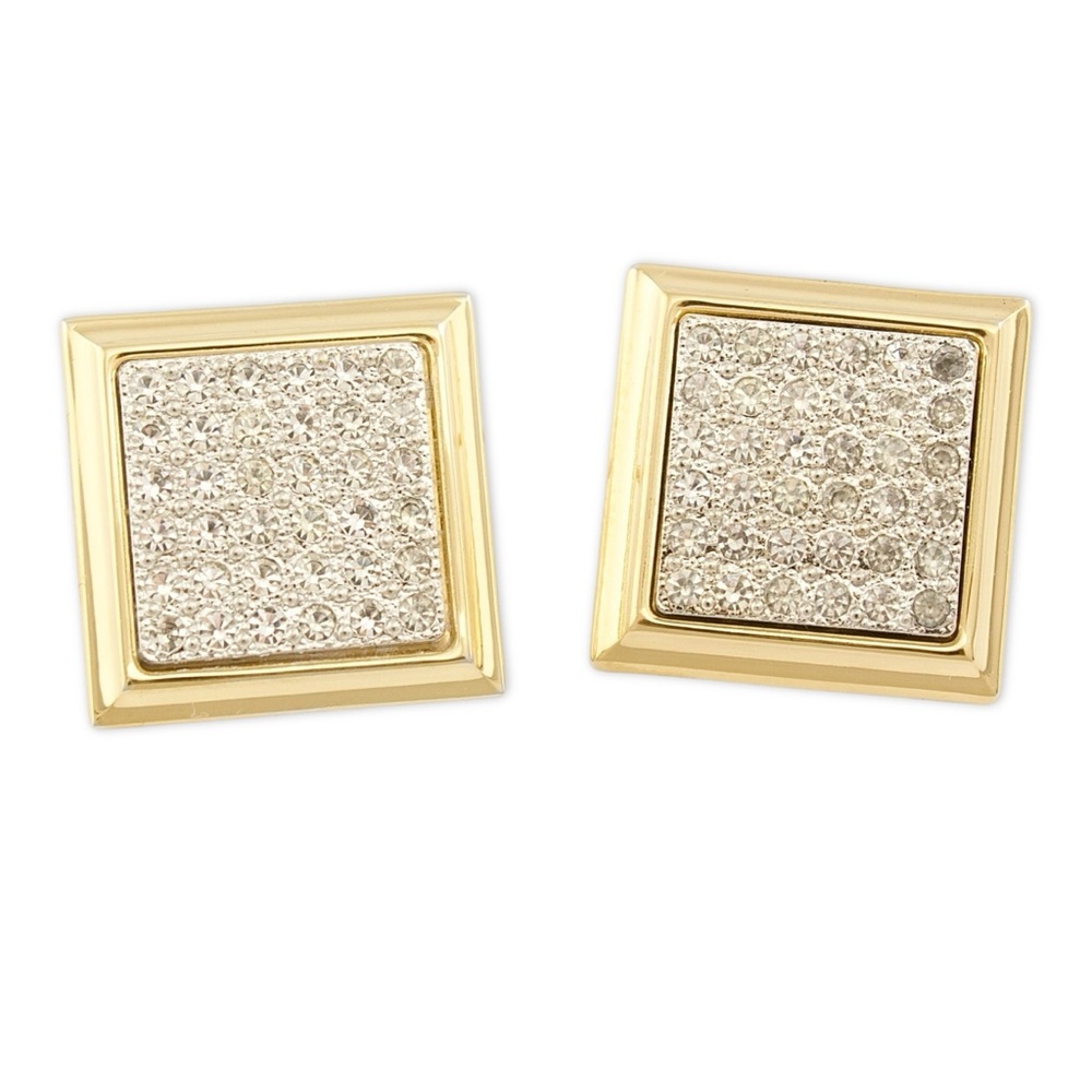 Vintage Pavé Rhinestone Square Stud Earrings Gold Plated Large Statement Studs